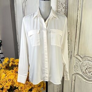 H & M Elegant Cream Button-Up Blouse with Front Flap Pockets.